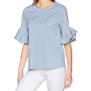 Calvin Klein ruffle sleeve blue and white blouse